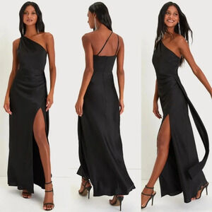 Lulus Signature Elegance Black Satin One-Shoulder Maxi Dress Wedding Party